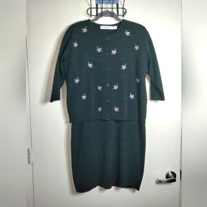 Karen Lessly (Size L) Dark Gray (2PC) Sheath Dress & Button Cardigan Sweater Set